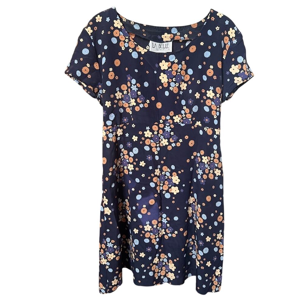 Vintage 90s Floral Babydoll Mini Dress Blue Flutter Short Sleeve USA - L